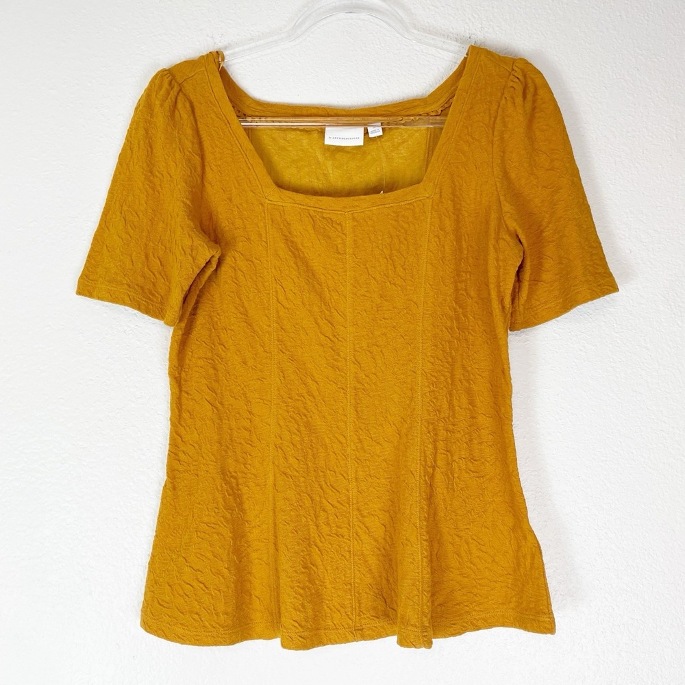 Anthropologie Ett:Twa Top Wesley Textured Square Neck Peplum Stretch‎ Mustard M